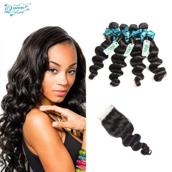 Queen Love Hair Company Brazilian Loose Wave With Closure 4 Bundles Loose Wave Virgin Hair With Closure Human Hair With Closure On Sale