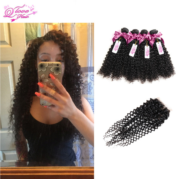 Remy Indian Curly Virgin Hair With Closure Kinky Curly Virgin Hair With Closure Short Human Hair Weave With Closure QLove Afro Kinky Curly