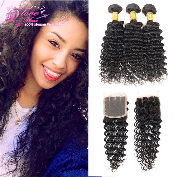 Queen Love Hair Company 3 Bundles With Closure Peruvian Deep Wave With Closure Deep Curly Virgin Hair Peruvian Virgin Hair With Closure