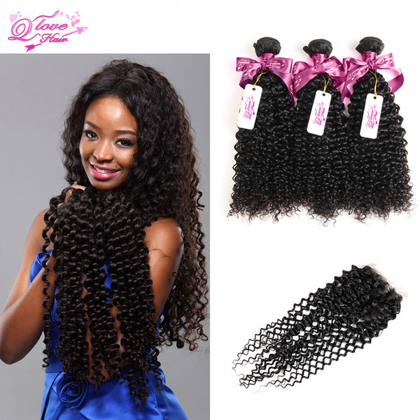 Mongolian Kinky Curly Hair With Closure Kinky Curly Virgin Hair With Closure 3 Bundles Queen Love Afro Kinky Curly Hair With Closure