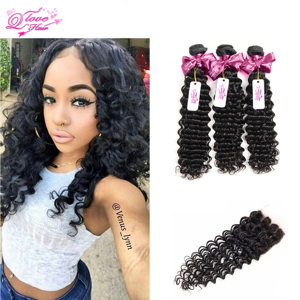 Brazilian Virgin Human Hair Deep Wave 3 Bundles Brazilian Deep Wave With Closure Deep Wave Hair Bundles With Lace Closures Human Hair With C