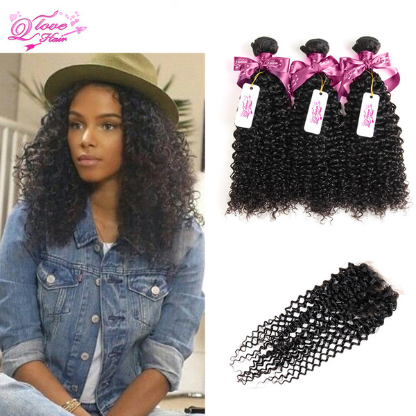 Peruvian Kinky Curly Virgin Hair With Closure Queen Love Peruvian Curly Hair With Closure 3 pcs Free Part Kinky Curly Closure With Bundles