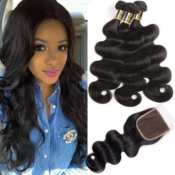 8A Brazilian Human Hair Weave Body Wave Bundles with Closure Unprocessed Mink Brazilian Hair 3Bundles with Free Part Lace Closure Total 350g