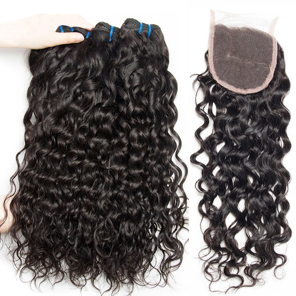 Yavida Peruvian Water Wave Human Hair with Closure Peruvian Curly Hair 3 Bundles with Free Part Lace Closure Total 335-350g Natural Color