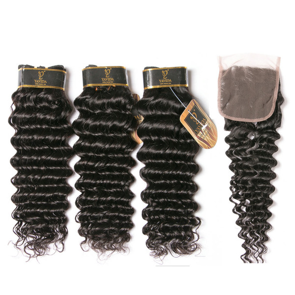 Yavida Brazilian Hair with Closure Deep Wave Hair Bundles with Free Part Lace Closure 340g Good Quality Wholesale Curly Human Hair Weaves