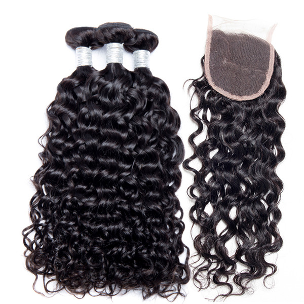 Yavida Brazilian Water Wave Human Hair with Closure Brazilian Curly Hair 3 Bundles with Free Part Lace Closure Total 335-350g Natural Color