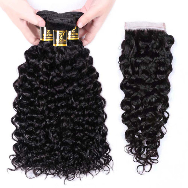 Yavida Brazilian Hair with Closure Brazilian Water Wave Hair 3 Bundles with Free Part 4*4 Lace Closure Brazilian Human Hair Extensions