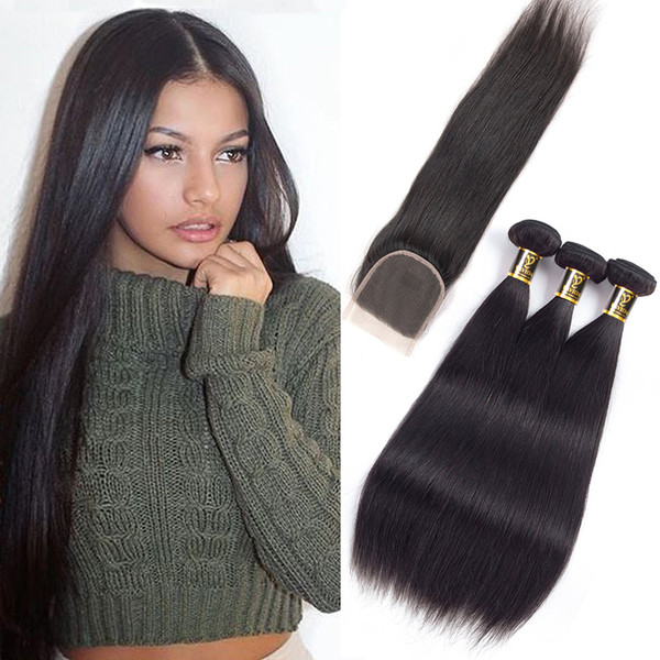 Yavida Brazilian Straight Hair with Free Part Lace Closure 350g Brazilian Hair Extensions Unprocessed Straight Hair 3 Bundles with Closure