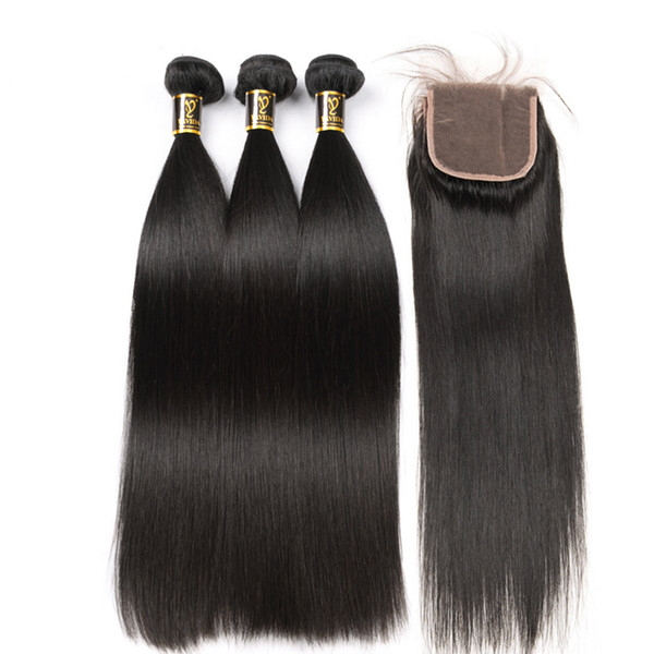 Yavida Brazilian Straight Human Hair 3 Bundles with Free Part Lace Closure 350g Brazilian Hair Extensions Unprocessed Straight Hair Weave