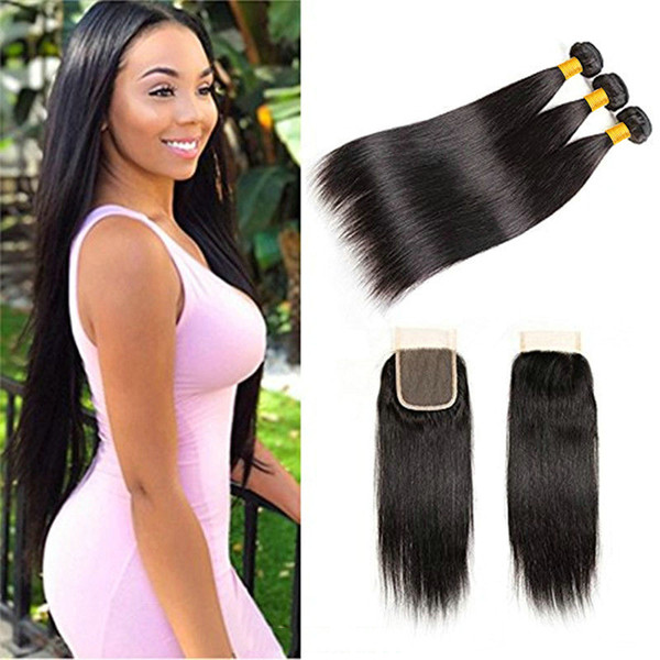 Yavida Peruvian Straight Hair Bundles with Swiss Lace Closure Free Part Good Quality 9A Peruvian Human Hair Weave Extensions Natural Color