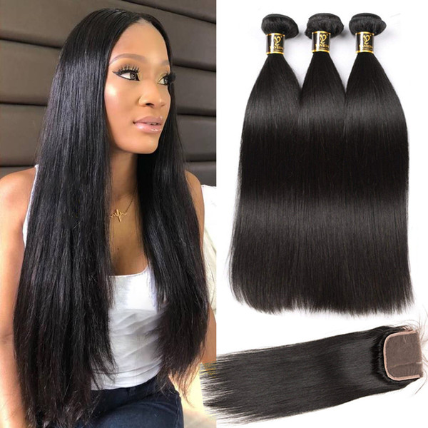 Yavida Peruvian Human Hair with Closure Straight Peruvian Hair 3 Bundles with Free Part Lace Closure Total 335-350g can be Dyed No Tangle