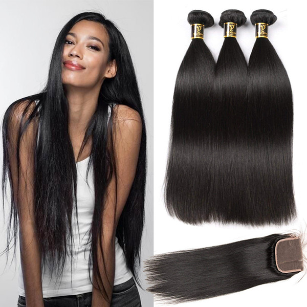 Yavida Brazilian Human Hair with Closure Straight Brazilian Hair 3 Bundles with Free Part Lace Closure Total 335-350g can be Dyed No Tangle