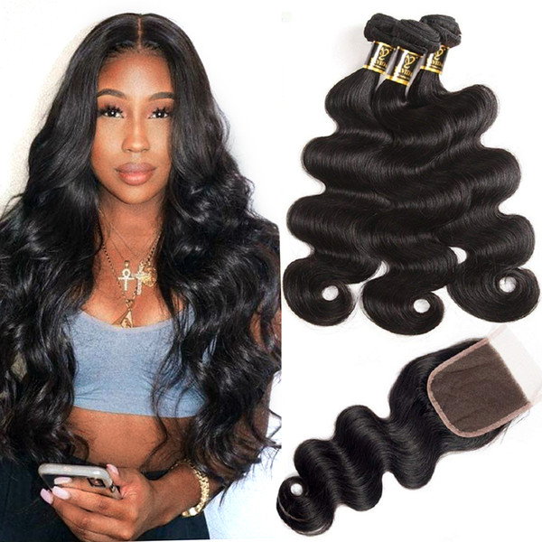 Yavida Brazilian Human Hair with Closure Brazilian Body Wave Hair 3 Bundles with Free Part Lace Closure Total 335-350g can be Dyed No Tangle