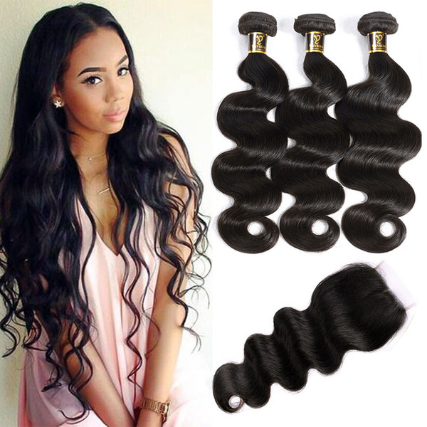 Yavida Brazilian Hair 3 Bundles with Closure Brazilian Body Wave Human Hair with Free Part 4*4 Lace Closure Brazilian Human Hair Extensions