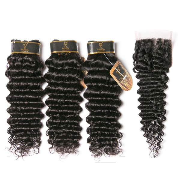 Yavida Peruvian Hair with Closure Deep Wave Hair Bundles with Free Part Lace Closure Full Head Good Quality Wholesale Curly Human Hair Weave