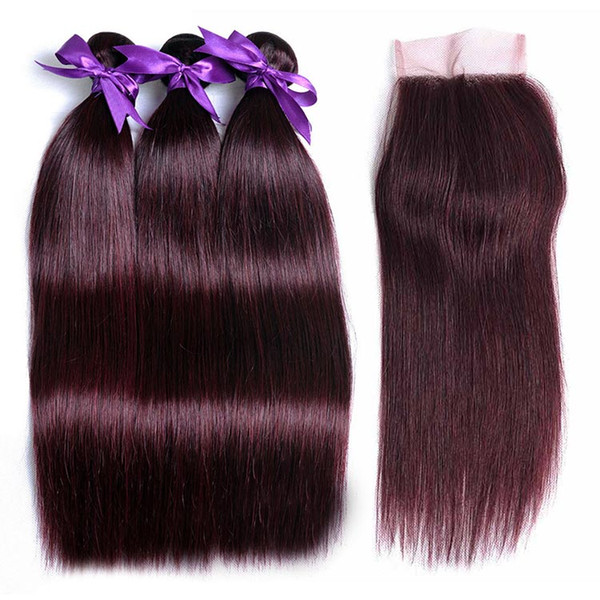 Straight Peruvian Hair With Closure 99j Burgundy Virgin Hair Extensions 3 Or 4 Bundles With Lace Closure 4*4 Remy Human Hair