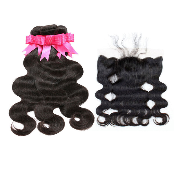 Brazilian Human Hair Bundles With Frontal Virgin Hair Extensions Body Wave 3 Bundles With Lace Frontal Closure Pre Plucked Natural Hairline