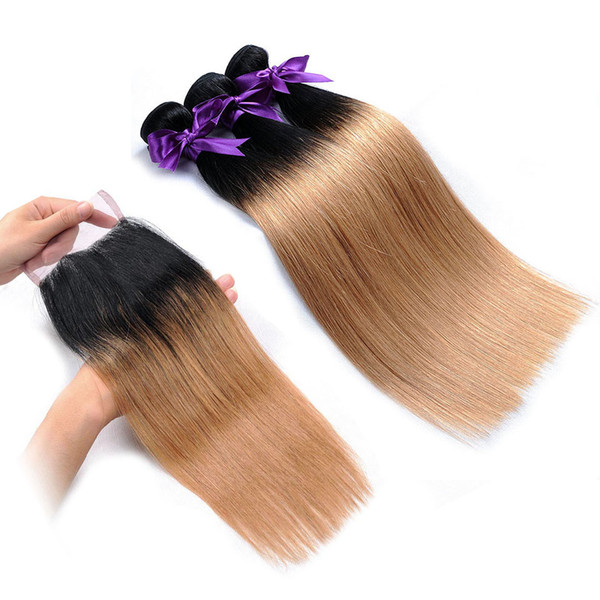 Human Hair Bundle With Lace Closure Ombre Hair 1B 27 Straight Brazilian Human Hair Weave 3 or 4 Bundles With Closure Free Part