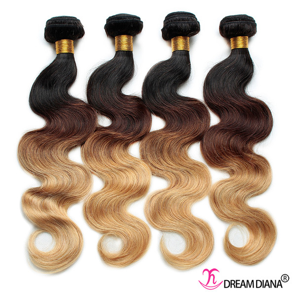 Ombre Human Hair Weaves Body Wave 4 Bundles Three Tone 1B 4 27# Brazilian Virgin Hair Ombre Hair Extensions Thick Bundles