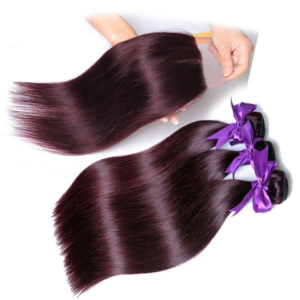 Virgin Hair Extensions Peruvian Hair Bundles With Closure 99j Burgundy Human Hair Straight 3 or 4 Bundles With Lace Closure