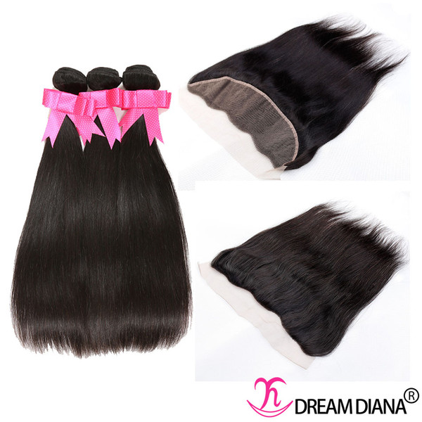 Brazilian Human Hair Bundles With Frontal Virgin Hair Extensions Straight 3 Bundles With Lace Frontal Closure Pre Plucked Natural Hairline