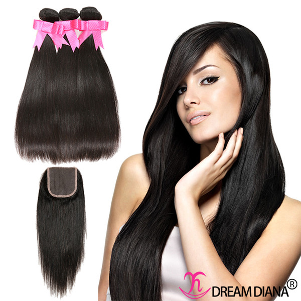 Brazilian Hair Extensions 3 Bundles With Closure 100% Remy Human Hair Straight Weave Bundles Natural Color 