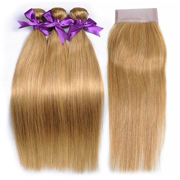 Peruvian Blonde Bundles With Closure 27# Blonde Lace Closure With Bundles Virgin Human Hair Extensions Straight 3 Or 4 Bundles With Closure