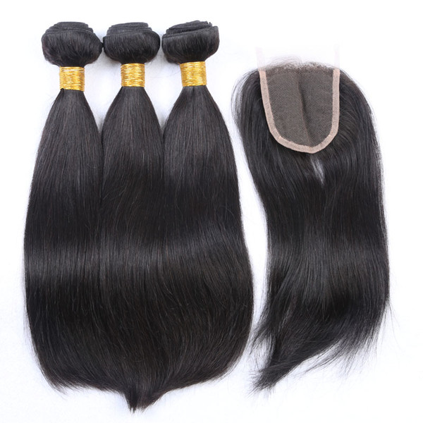 Brazilian Straight Hair Bundles With Closure Human Hair Weave Extensions 3Bundles With Lace Closure 4x4 Free Part Natural Color 1B Color