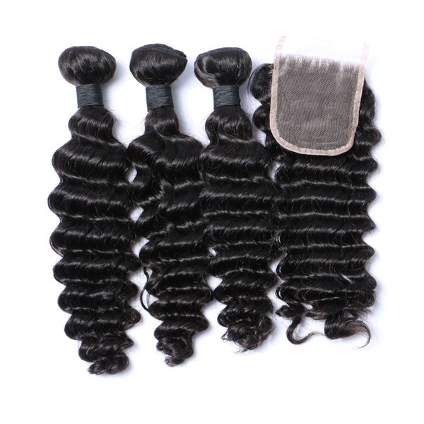 Deep Wave Brazilian Hair Bundles With Closure Human Hair Weaves Closure 3Bundles With Lace Closure 4x4 Free Part Natural Color 1B Color