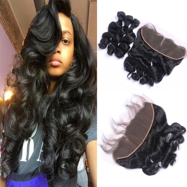 Loose Wave Hair Natural Color 3Pcs Hair Weaves With Top Lace Frontal Brazilian Remy Hair Extensions 