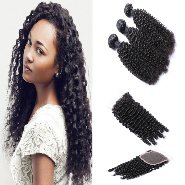 8A 3 Bundles Human Hair Weft With Lace Closure Brazilian Virgin Hair Extension With Curly Human Hair