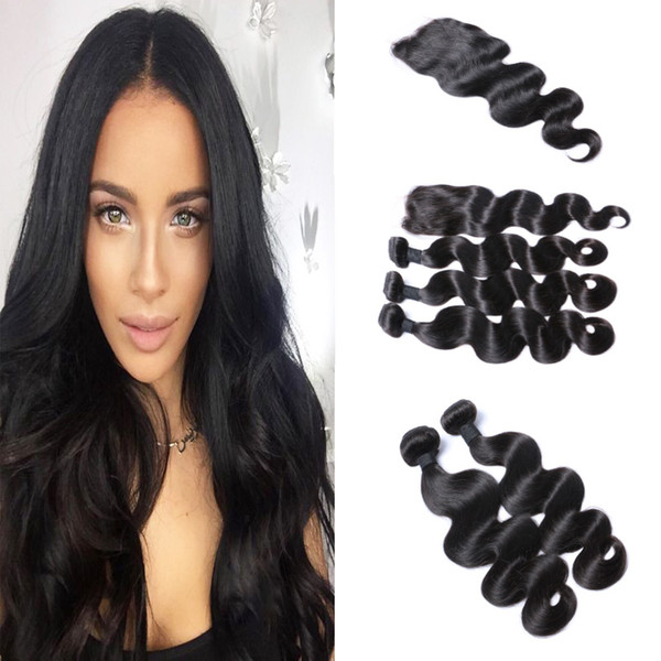 8A Brazilian Body Wave 3PCS Hair Weaves With Top Lace Closure Natural Color Hair Bundles Brazilian Peruvian Remy Human Hair Extensions