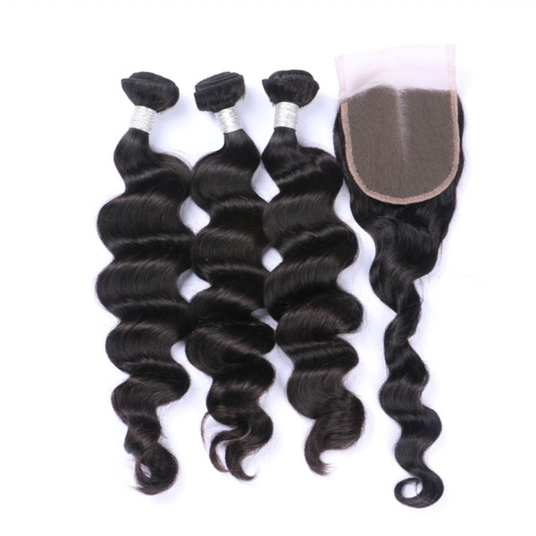 Evermagic Hair Brazilian Human Remy Hair 4*4Lace Closure With 3 Bundles 300gram Loose Wave Human Hair Weaves Closure