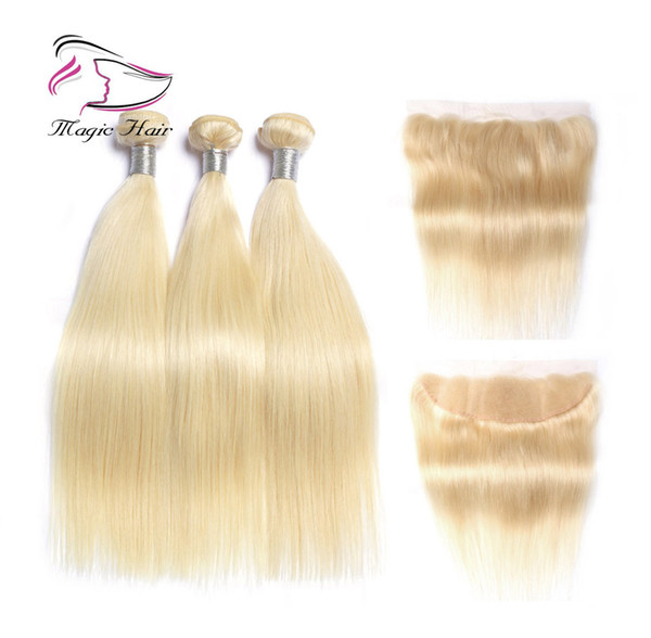 8A Brazilian Remy Virgin Hair Extensions Silky Straight 613 Blonde Human Hair Bundles With Closure 3 Bundles With 13*4 Lace Frontal