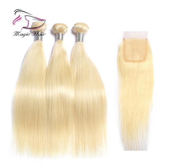 Evermagic 613 Blonde Human Hair Straight Brazilian Hair Weave Bundles With Closure Remy Hair Deals 3 Bundles and Closure