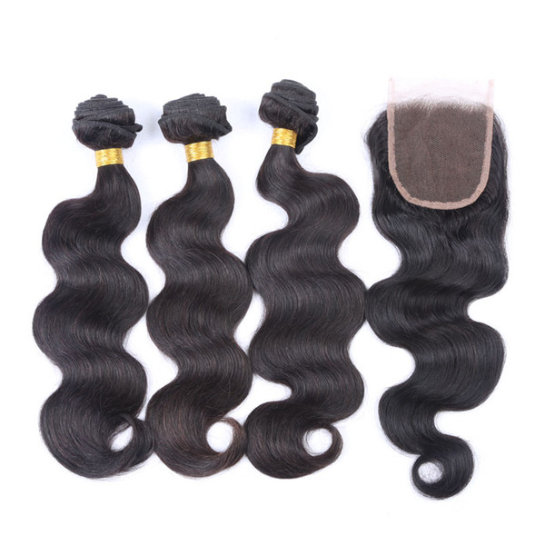 Brazilian Hair Bundles With Closure Body Wave Human Hair Weave Extensions 3Bundles With Lace Closure 4x4 Free Part Natural Color 1B Color