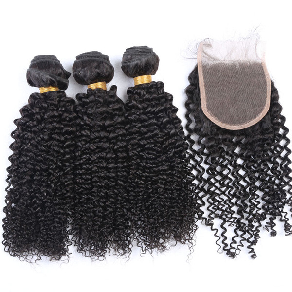 Afro Kinky Curl Brazilian Hair Bundles With Closure Human Hair Weaves Extensions 3Bundles With Lace Closure 4x4 Free Part Natural Color 1B