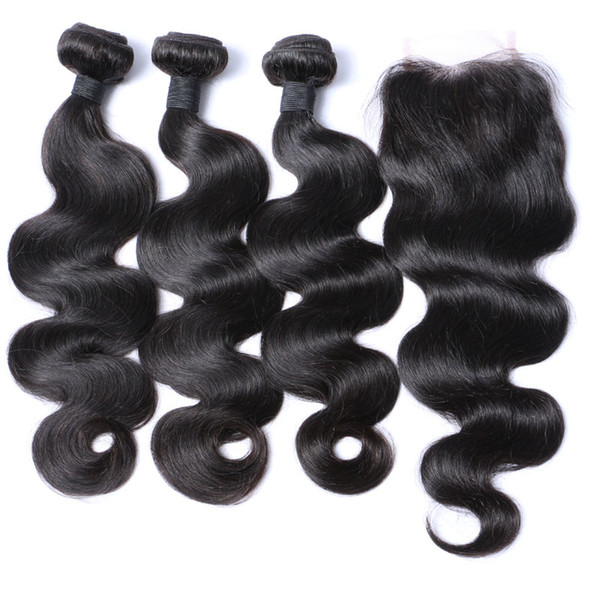 Body Wave Brazilian Hair Bundles With Closure Human Hair Weaves Closure 3Bundles With Lace Closure 4x4 Free Part Natural Color 1B Color