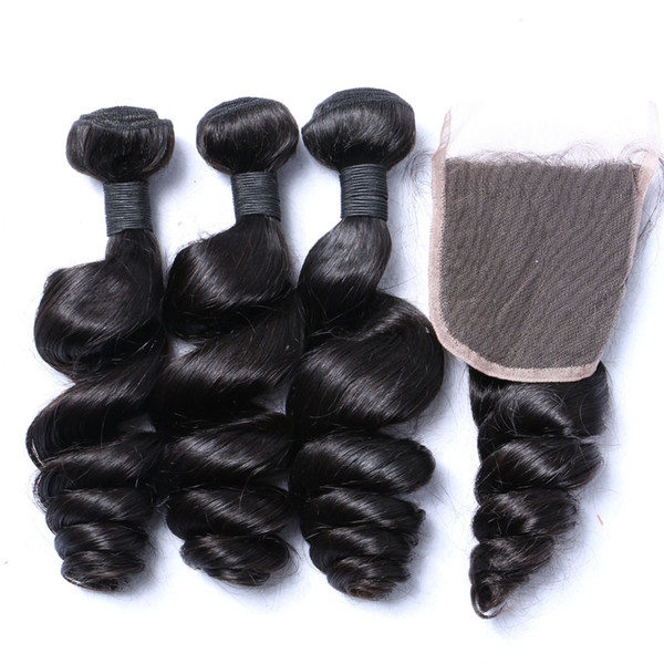 Loose Wave Brazilian Hair Bundles With Closure Human Hair Weaves Closure 3Bundles With Lace Closure 4x4 Free Part Natural Color 1B Color