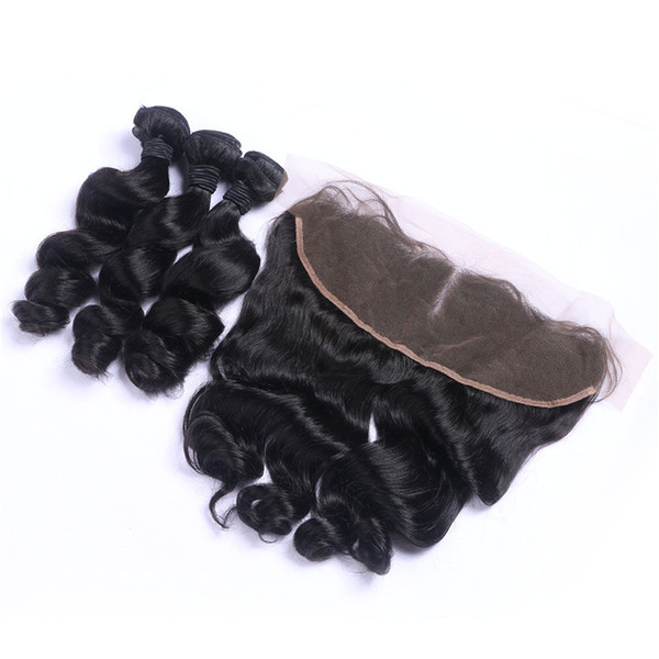 Loose Wave Brazilian Virgin Hair Lace Frontal With 3 Human Hair Bundles 13X4 Ear To Ear Lace Frontal Human Hair Weaves Closure