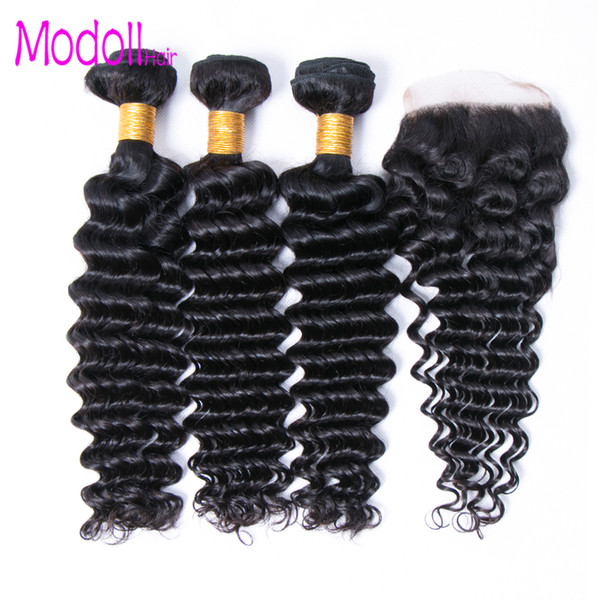 deep wave bundles with closure brazilian virgin hair 3/4 bundles with closures 10A Grade Human Hair Weave deep wave bundles with closure