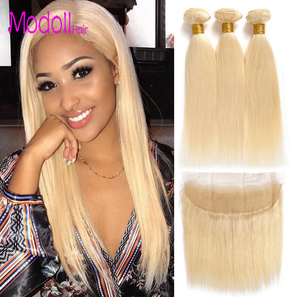 613 Bundles With Frontal Peruvian Virgin Hair Blonde 3 Bundles With Closure DHgate Remy Straight Human Hair Blonde Bundles With Frontal