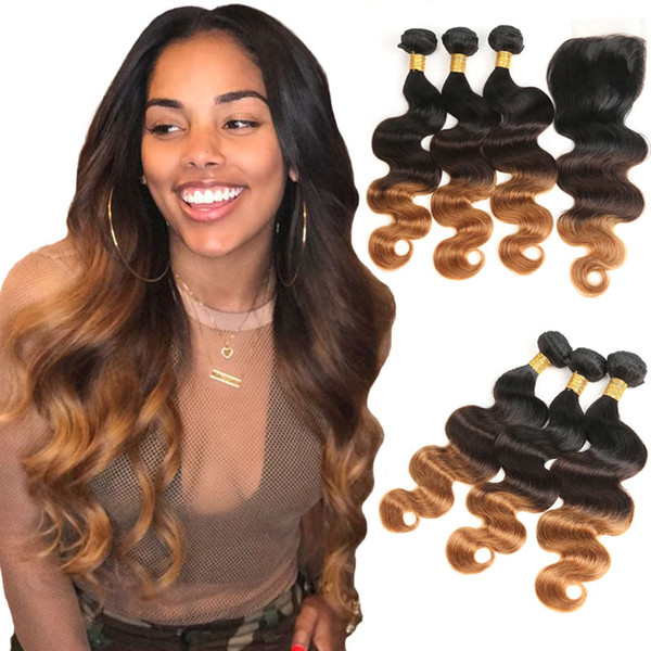 Ombre Hair Extensions Ombre Human Hair Bundles With Closure Brazilian Hair Weave Bundles Straight Body Wave 3 Bundles With Lace Closure