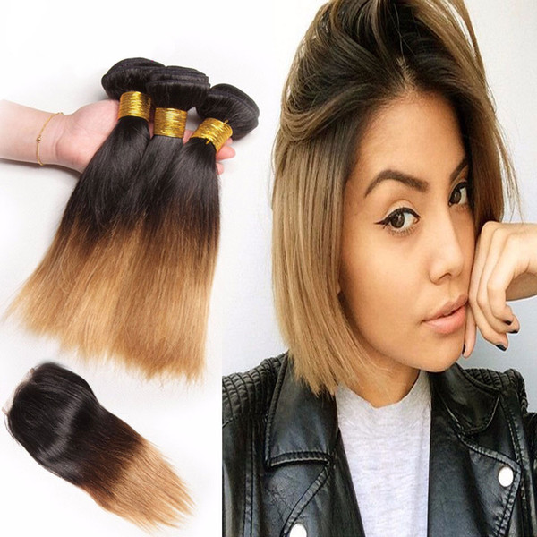 Ombre Brazilian Human Hair Bundles With Closure Two Tone Bob Straight Hair 3 Bundles With Closure Non Remy 1B/27 Hair Weaves