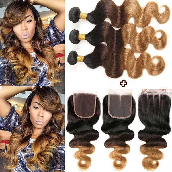 9A Grade Ombre Human Hair Bundles Body Wave 3 Bundles with Closure Peruvian Virgin Hair T1b/4/27 Black to Brown Hair Extensions