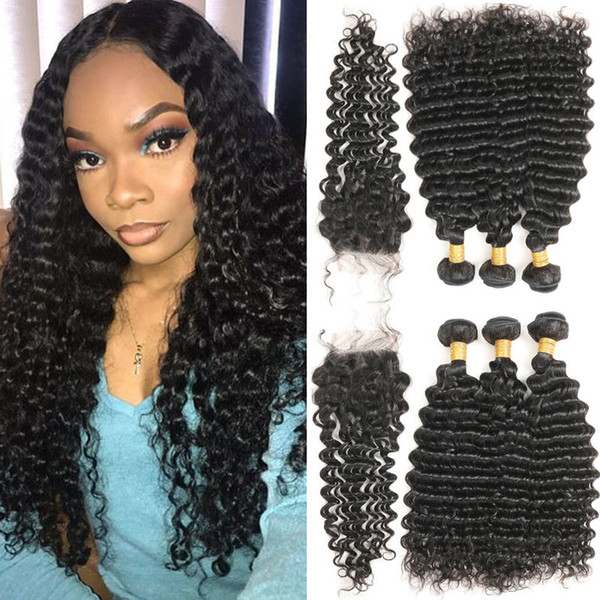 Cheap 10A Brazilian Human Hair Bundles with Closure 100% Unprocessed Deep Wave Virgin Hair 3 Bundles with Closure Deep Wave Extensions