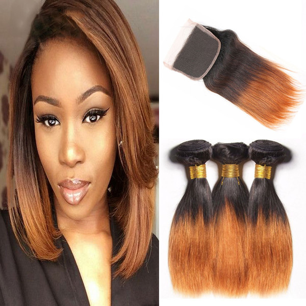 Straight Hair Bundles 3 Bundles Deals Ombre Peruvian Hair Bundles with Closure Two Tone 1B/30 Short Blonde Human Hair Weave non Remy