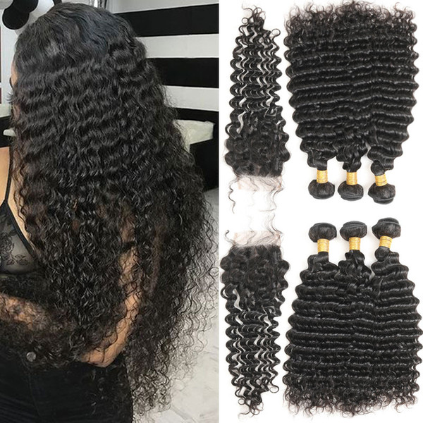 10a Brazilian Virgin Hair Deep Wave 3 Bundles with Lace Closure Unprocessed Brazilian Deep Wave Bundles with Closure Human Hair Extensions