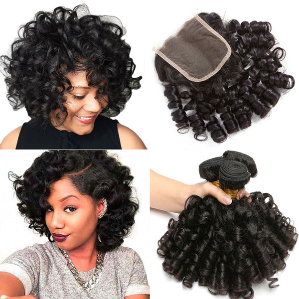 3 Bundle deals Bouncy Curly Human Hair Weave Bundles With Closure Funmi Peruvian Hair Bundles with closure Non Remy 1B