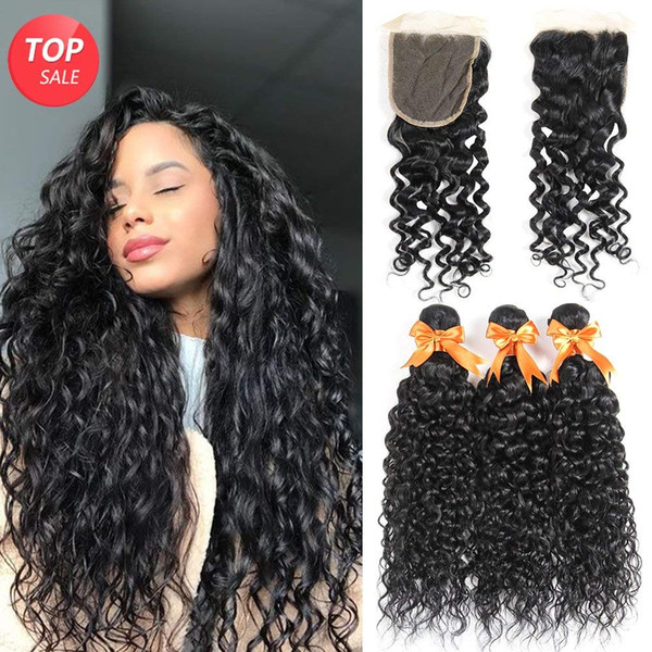 Brazilian Water Wave 3 Bundles with Closure Unprocessed Virgin Human Hair Bundles with Lace Closure 4x4 Free Part Can Be Dyed